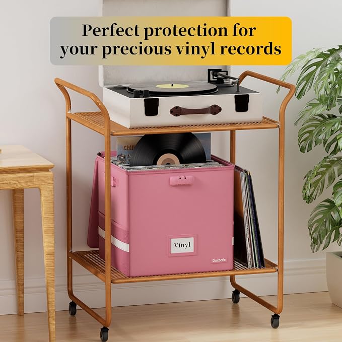 DocSafe Vinyl Record Storage Box with Lock, Fireproof＆Water Resistant Record Organizer for 100+ Single Records(12-inch), Collapsible Storage Crate with Lid&Handles for Valuable Album Collection,Pink