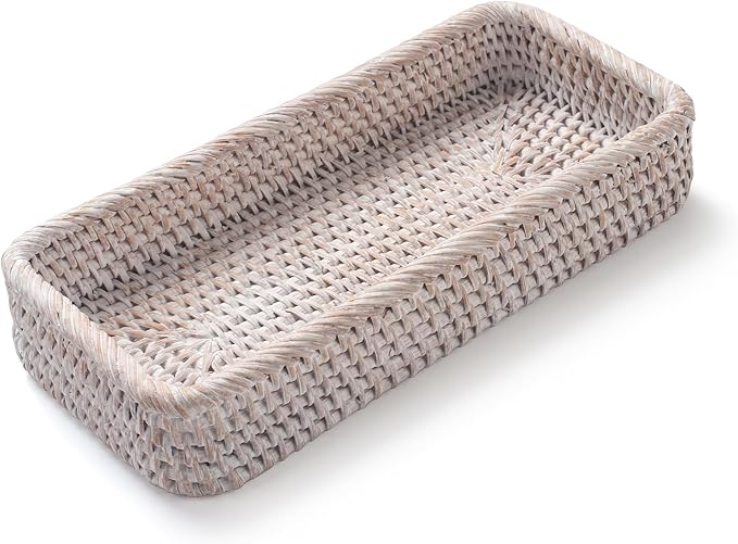 Rattan Bathroom Vanity Trays Toilet Tank Baskets Long Narrow Hand Towel Storage Basket for Storage, Decorative (Whitewash 10.2 x 4.9 x 1.6 inch)