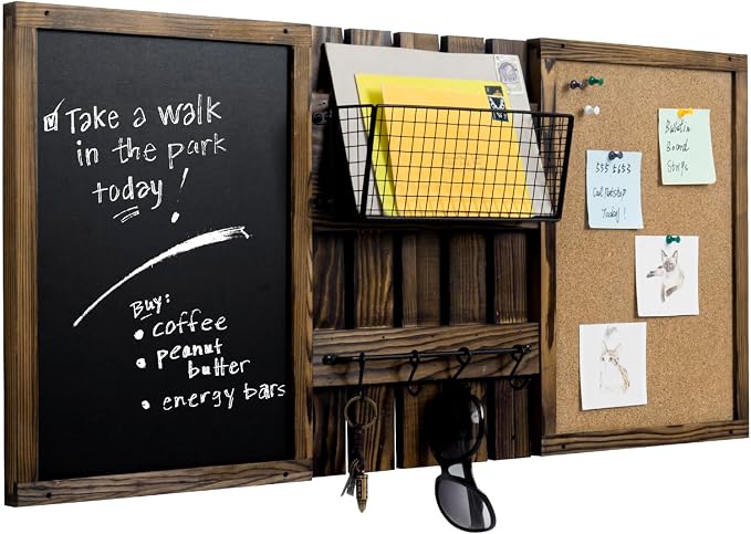 MyGift 3 Panel Wall Mounted Entryway Bulletin Board Combo Set | Rustic Burnt Solid Wood Frame with a Chalkboard, Cork Board, Black Metal Mail Basket, and Hanging Rail Message Display Office