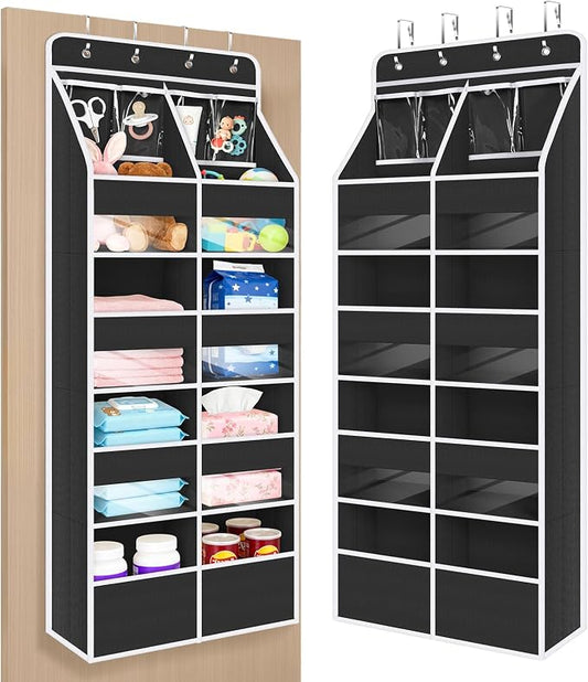 Univivi Upgraded Over the Door Organizer for Baby Nursery, Black, 5-Shelf | Fabric Door Organizer with Clear Window Deep Pockets, Over Door Hanging Organizer for Baby Essential, Bedroom, and Dorm