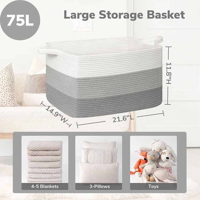 Goodpick Large Woven Rope Toy Basket, Rectangle Storaget, Light Gray | 21.6 x 14.9 x 11.8 in, Reinforced Handles, Living Room, Bedroom & Nursery Organization, Blankets, Pillows & Toys Storage