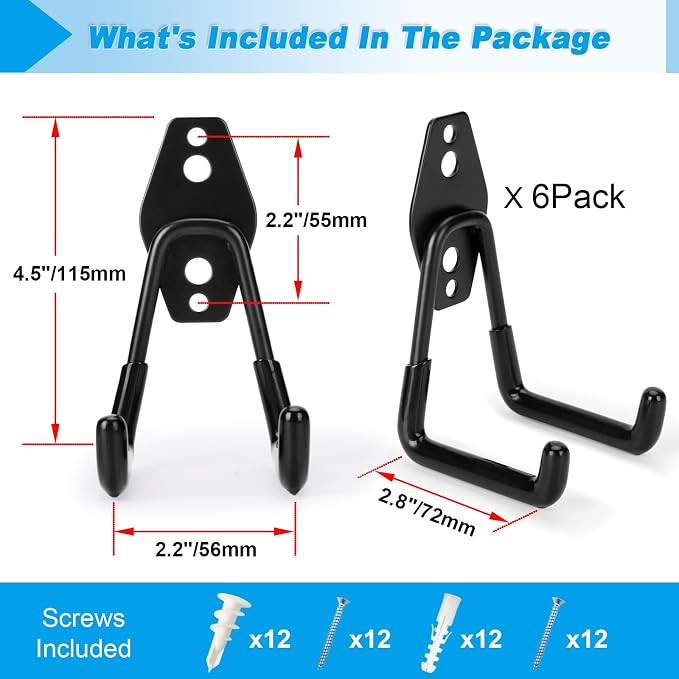6 Pack Garage Hooks Heavy Duty - Supports 100 lbs | Utility Steel Garage Hanger & Organizer for Organizing Garden Lawn Tools, Ladders, Garden Hose, Digging Shovel, Bikes, Ropes