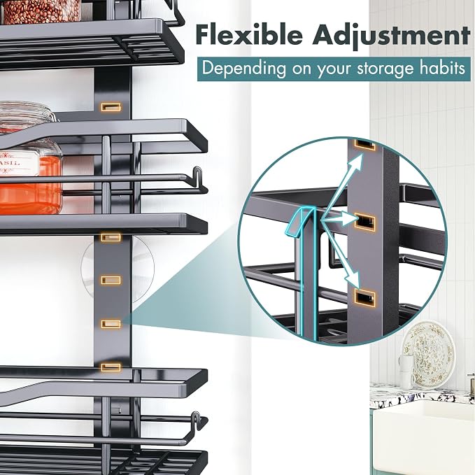 Eastherry Over The Door Pantry Organizer，9-Tier Over The Door Organizer with Adjustable Basket，Metal Hanging Pantry Organizers and Storage for Kitchen, Back of Door Seasoning Rack (Black)