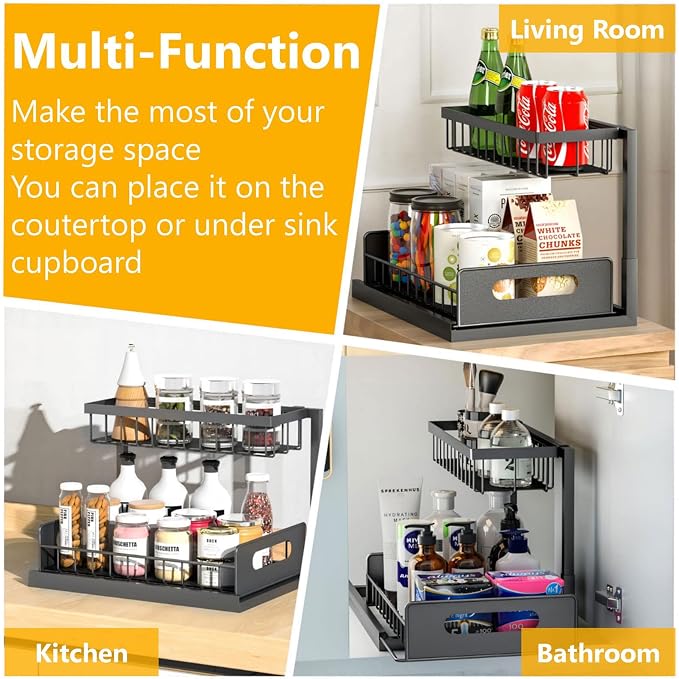 Ceetug Slide Out Under Sink Organizers and Storage, Black, 1 Pack | 2 Tier, Sturdy Metal, Cabinet Organizer, for Kitchen Bathroom