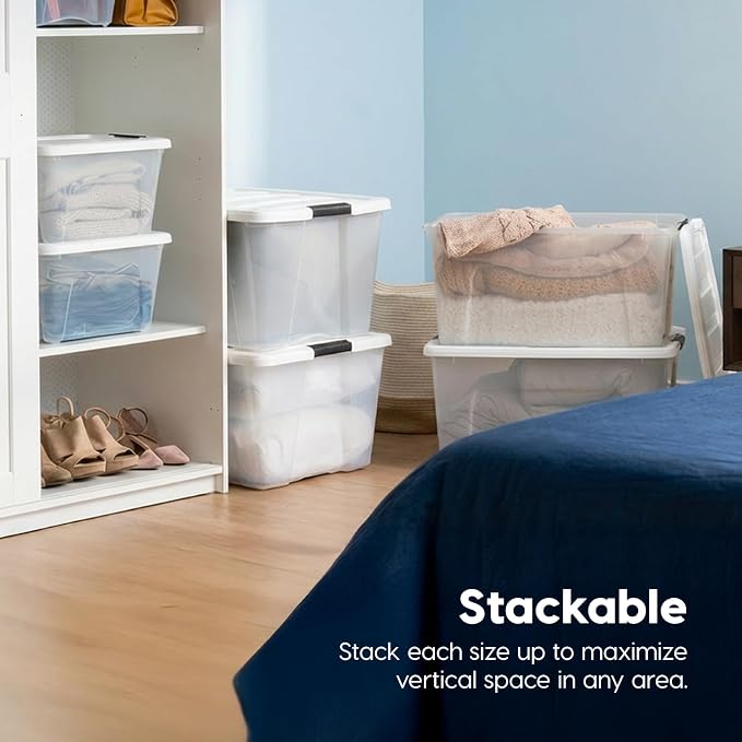 IRIS USA 19 Qt Stackable Storage Bins with Lids, 6 Pack, Clear Plastic | Clear BPA-free bins with secure latches organize crafts, toys, shoes, office supplies, pantry items, and closets.