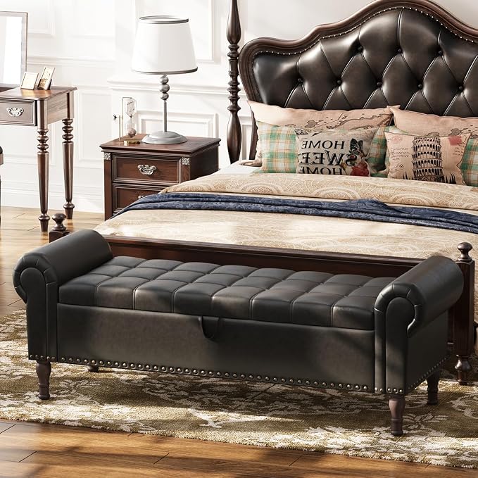 Apicizon 60” Bench with Storage, Queen Size Faux Leather End of Bed Bench with Tufted Button, Ottoman Bench with Rolled Arms & Vintage Rivets for Foot of Bed, Living Room, Entrance, Black