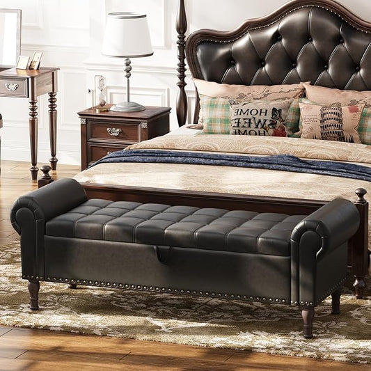 Apicizon 60” Bench with Storage, Queen Size Faux Leather End of Bed Bench with Tufted Button, Ottoman Bench with Rolled Arms & Vintage Rivets for Foot of Bed, Living Room, Entrance, Black