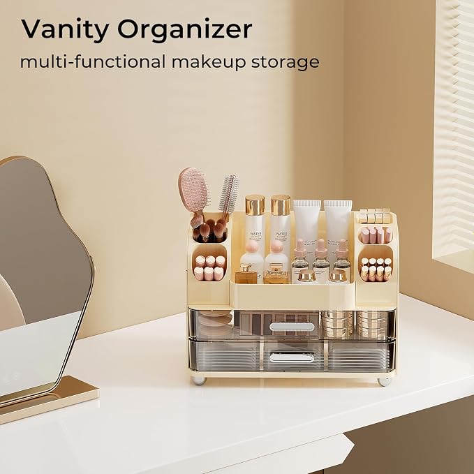 UFORU Makeup Organizer Countertop with 2 Large Drawers for Vanity Bathroom | Brush Holder, Large Capacity, Thickened Plastic, Compact Footprint, Space-Saving Design, Easy Clean, Ideal for Dorm Rooms