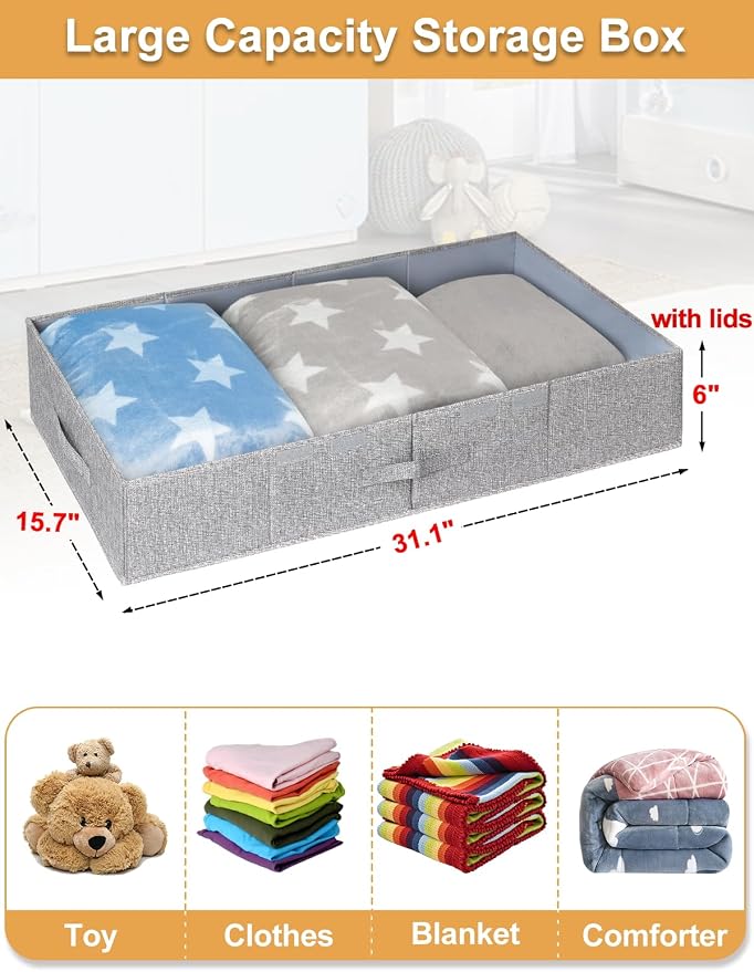 punemi 6 in Tall Under Bed Storage Containers with Lids, 2 Pack, Grey | Stackable Design, Sturdy 3 Handles, for Blankets, Clothes, Comforters & Toys, Underbed & Closet Organization