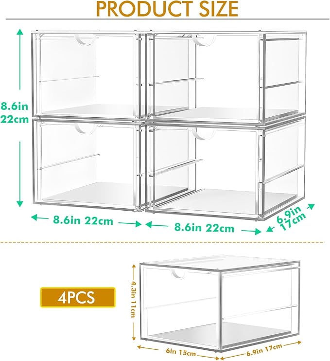 caktraie 4-Pack 4-Drawer Acrylic Storage Organizer for Desk, Crafts,Vanity | Smooth-glide drawers, clear body, dustproof, wipe clean, for paintbrushes, beads, sequins, googly eyes, embroidery floss