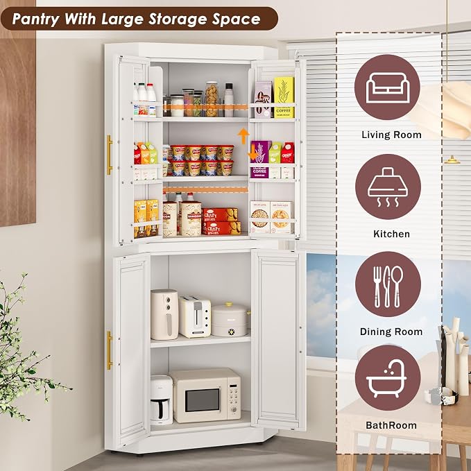 Farmhouse Corner Cabinet, 63" Tall Corner Storage Cabinet with 4 Doors & 3 Adjustable Shelves, Free Standing Storage Cabinet for Living Room, Kitchen, Bathroom, White
