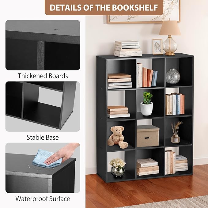 SUPER DEAL 12 Cube Storage Organizer, Open Shelf Bookcase, Wood Cubical Shelves Closet Cabinet Display Unit with 6 Removable Back Panels for Living Room Bedroom, 47 inch Wide, Black