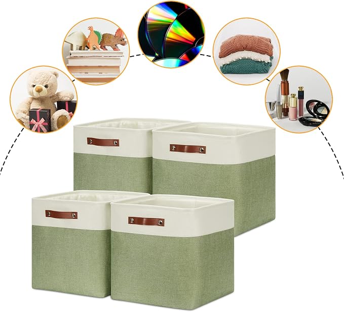 DULLEMELO Storage Baskets for Organizing, Linen Closet Organizers and Storage Baskets for Dog Box, 13 Inch Decorative Cube Storage Bins with handle for Gift Basket(4 Pack - 13" White&Green)