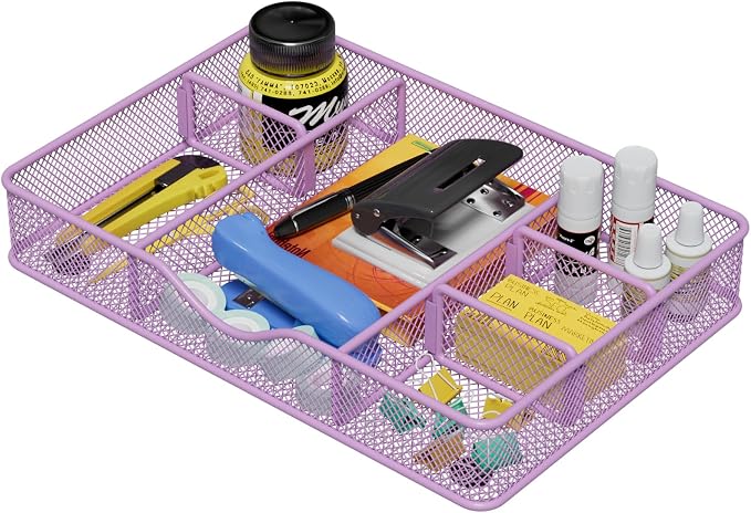 VyGrow Desk Drawer Organizer Tray, Metal Mesh Drawer Organizers Office, 6 Adjustable Compartment, Desk Organizer Tray for Home Office 12.87L x 8.73D x 1.96H inch, Black, 1PC Medium, Purple