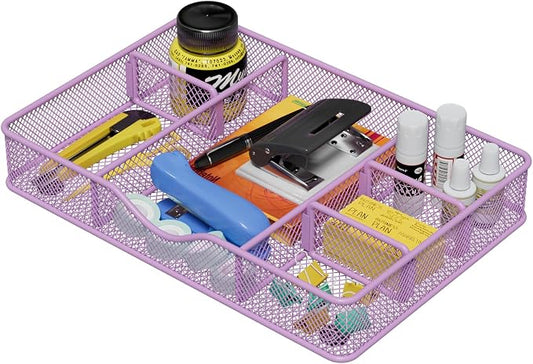 VyGrow Desk Drawer Organizer Tray, Metal Mesh Drawer Organizers Office, 6 Adjustable Compartment, Desk Organizer Tray for Home Office 12.87L x 8.73D x 1.96H inch, Black, 1PC Medium, Purple