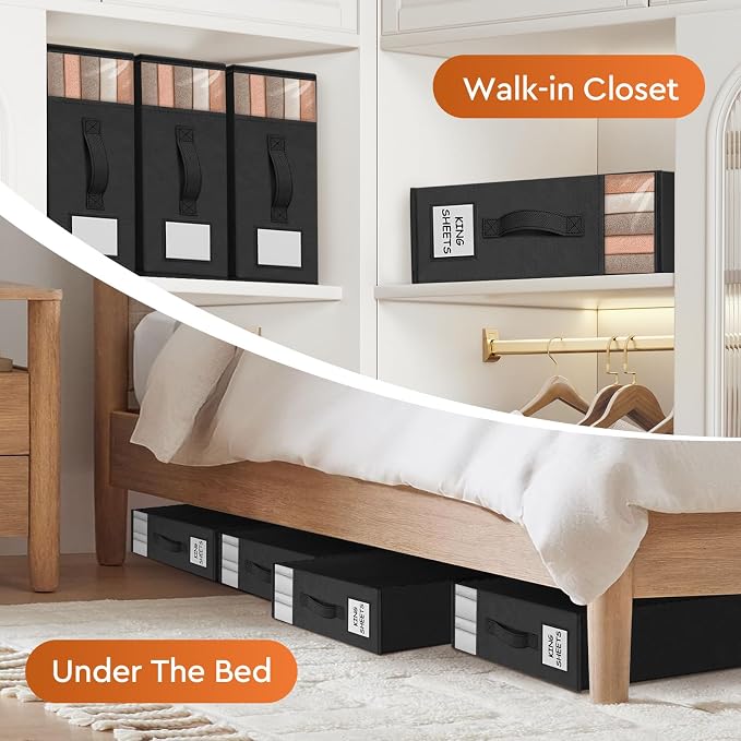 StorageTastic Bed Sheet Closet Organizers and Storage Under Bed Storage | Foldable Storage Containers with Window and Label,Storage and Organization for Bedding Sheets,Duvet Covers,Blankets,6 Pack