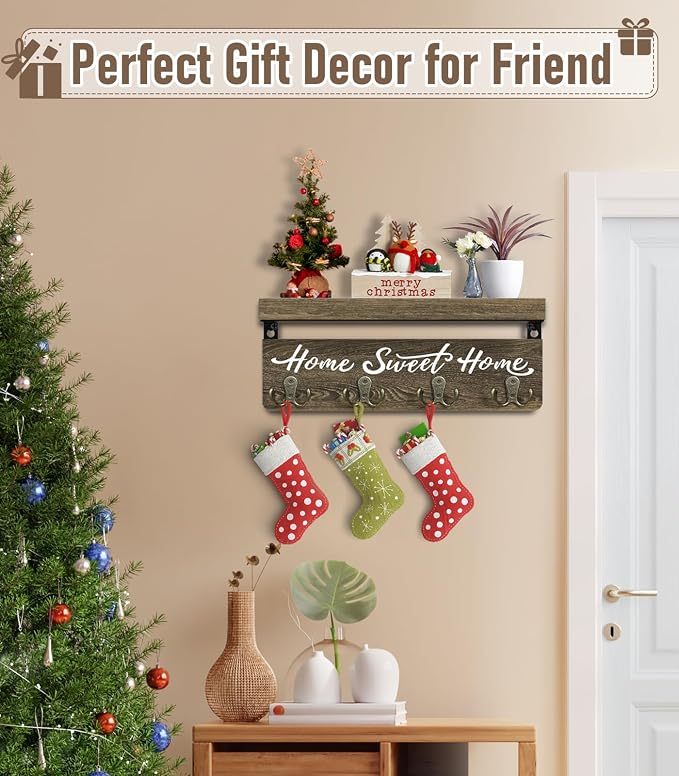 buways Key Holder Wall Mount with 8 Rustic Hooks and Cozy Home Sign（Brown） | Solid Wood,lots of colors, Floating Shelf for Keys, Mail, and Daily Essentials in Entryways, Hallways or Home Decor
