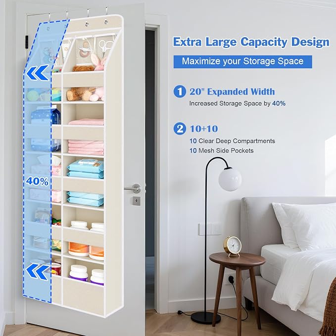Univivi Upgraded Over Door Organizer for Baby Stuff, Beige Pattern, 6-Shelf | Fabric Behind Door Storage with Clear Window Deep Pockets, Over Door Hanging Organizer for Baby Essential, Bedroom, and Dorm