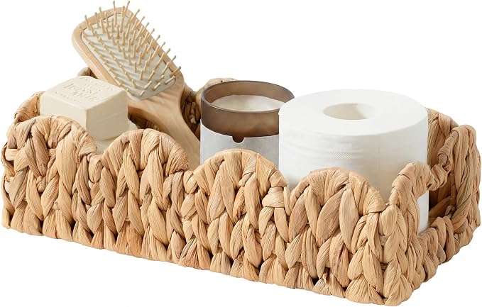 StorageWorks Wicker Scalloped Basket, Small Bathroom Baskets for Storage | Water Hyacinth Decorative Toilet Paper Basket with Handles , Back of Toilet Basket Tank Topper for Bathroom Decor