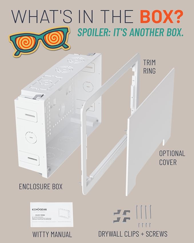ECHOGEAR 9" in-Wall Media Box - Recessed Outlet & Network Enclosure - Works with Roku, Apple TV, Fire TV Stick, & Samsung One Connect Mini - WiFi Friendly Cable Management Kit