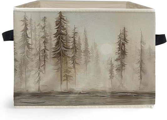Misty Forest Pine Tree Storage Box Bins, Vintage Neutral Nature Forest Lake Collapsible Storage Basket Organizer for Bedroom Laundry Room Home Clothes Books, Decor for Room