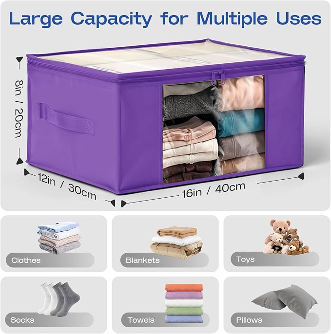 Clothes Storage Bags, Foldable Thick Fabric Blanket Storage Bags, Large Clear Window & Carry Handles, Great for Clothes, Blankets, Closets, Pillows (Purple, 6PACK)