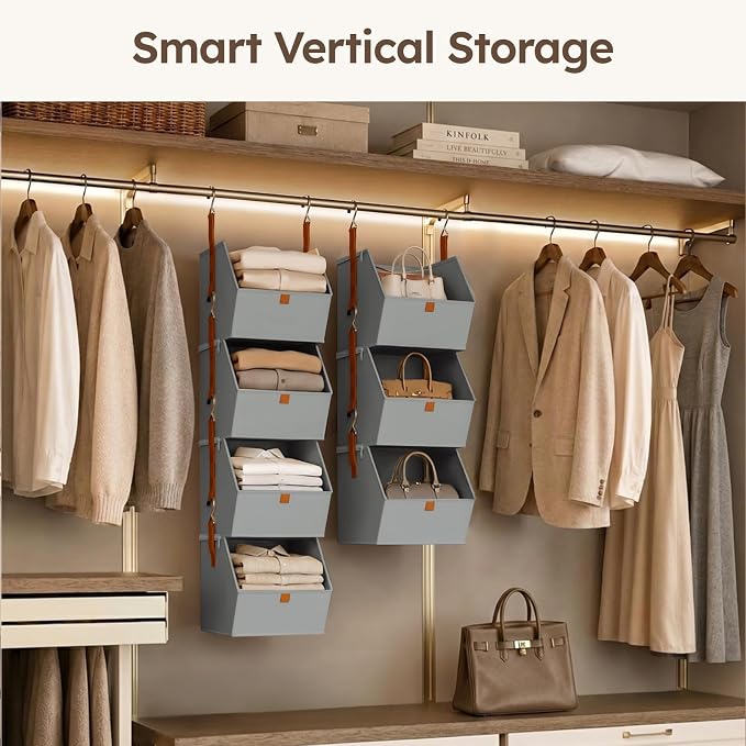 Homsorout Hanging Closet Organizer 4 Tier - Clothes Hanging Shelves, Space-Saving Closet System, Fabric Storage Bins Bedroom Organization, Collapsible Baskets for Home, Dorm, Rv, Grey, 8 Pack