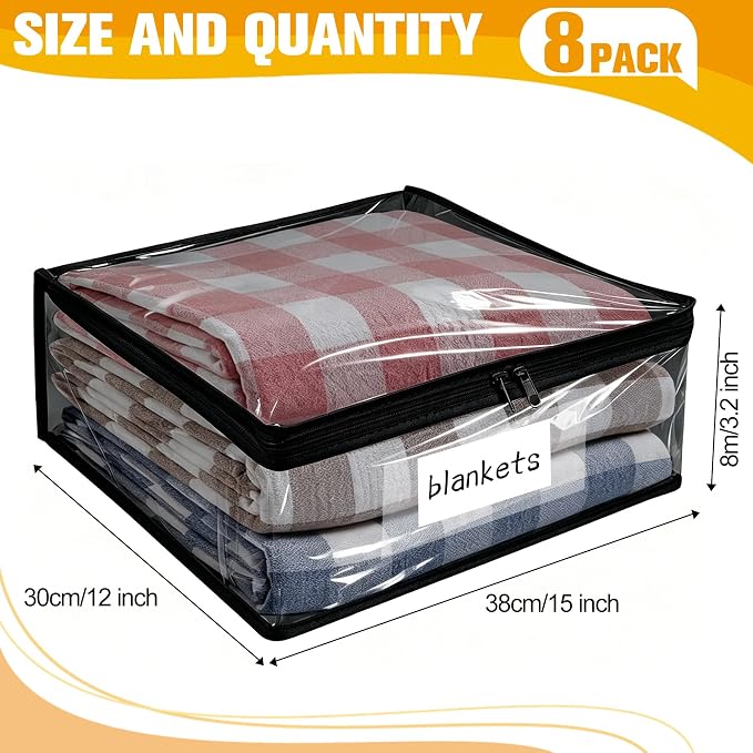 Kikerike Plastic Storage Bags with Easy-Glide Zipper, Pack of 8, Durable Clear Vinyl Zippered Storage Bags for Clothes Sweaters Comforters Blankets Sheets Bedding (14.2 x 12 x 3.2 Inch, Black)