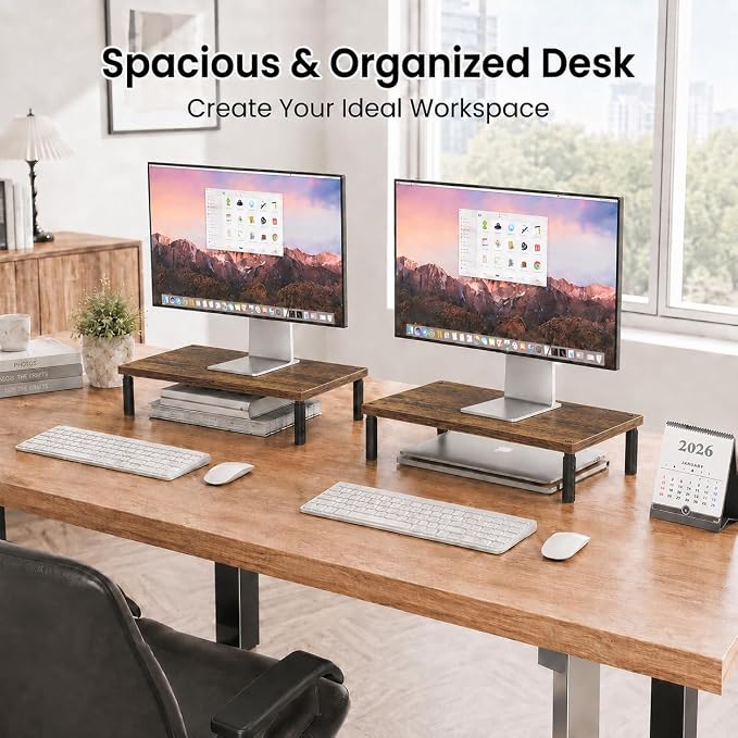 Adjustable Monitor Stand Riser for Desk, Computer & Laptop Stand, Desk Organizers and Accessories, Office Desk Accessories & Workspace Organizer for Home Office, Brown Wood 2-Pack