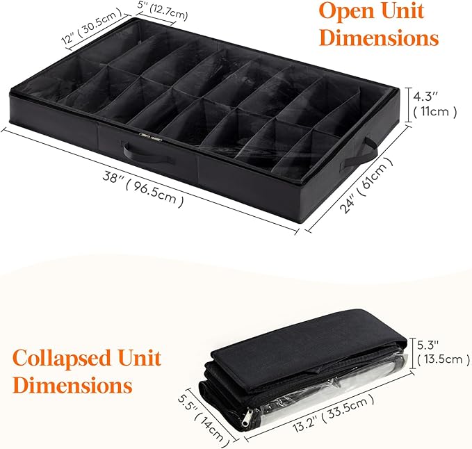 Lifewit Under Bed Shoe Storage Organizer 1 Pack(16 Shoes Cells), 4.3 Inches Profile Fabric Shoes Container Box with Clear Cover, Foldable Storage Bag with 2 Handles, Fits 8 to 16 Pairs