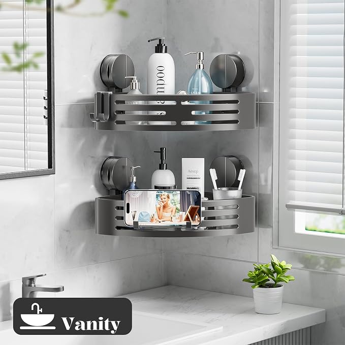 Suction Cup Shower Caddy,No Drilling Corner Shower Shelves Heavy Duty,Shower Organizer with Hooks,Rustproof Waterproof Space Aluminum Bathroom Storage,Home Accessories Decor