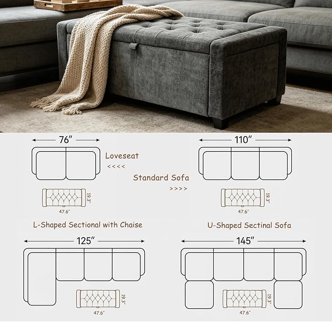 47" White Ottoman Bench, Comfort Bed End Storage Bench for Living Room | Versatile design works as a coffee table or footstool; easy assembly, sturdy structure, and comfortable padded cushion.