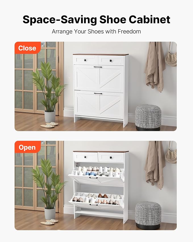 VEVOR Shoe Cabinet with 2 Flip Drawers, Farmhouse Shoes Storage Cabinet with 2 Drawers and Anti-Tipping Device, Freestanding Shoe Organizer Ideal for Entryway, Hallway, Bedroom, Living Room, White