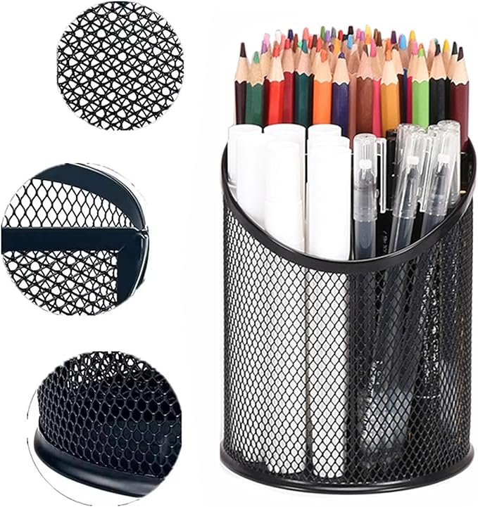 MINDEPOT 2 Pack Pencil Holder Pen Cup for Desk Round Pen Organizer | Mesh Black Pen Holder, Duty Metal, 3 Compartments, Desk Organizer for Home School