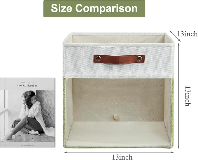 Storage Cubes, 4 Pack Linen Foldable Storage Bins (13 x 13 inch) with Clear Window and Handles, Fabric Organizer for Shelf Closet, Clothes, Books - (Green and White)