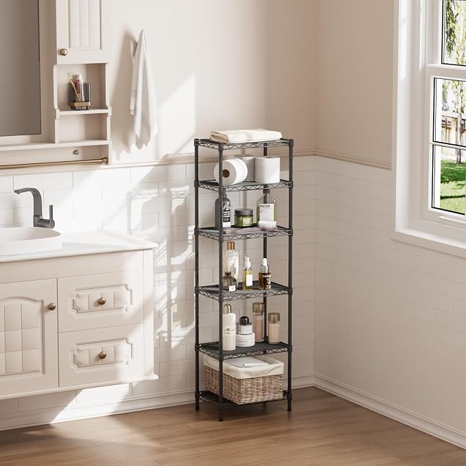 SINGAYE Metal Shelves Wire Shelving Storage Standing Adjustable Shelf Unit | 6 Tier Mesh Units Shelf for Kitchen Laundry Bathroom Closet Organizers Pantry Narrow Home Rack 10" D x 16" W x 63" H Black