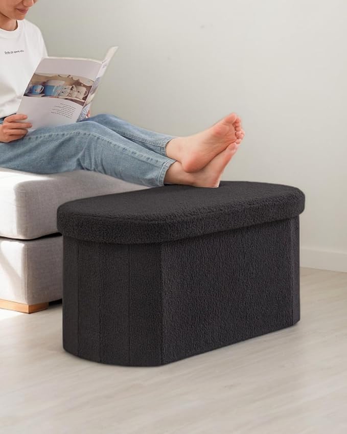 30 Inches Oval Storage Ottoman Bench, Foldable Footrest | Teddy Boucle Fabric, Hidden Storage, Soft Padded Seat, Compact Ottoman for Living Room, Bedroom, Dorm, Dark Grey