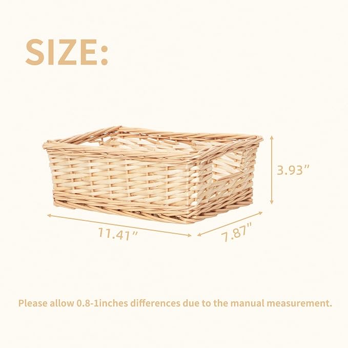 Rectangular Handwoven Willow Basket, Decorative Woven Wicker Storage Bin with Built-in Handles for Bathroom Vanity, Kitchen Counter & Shelf Organization