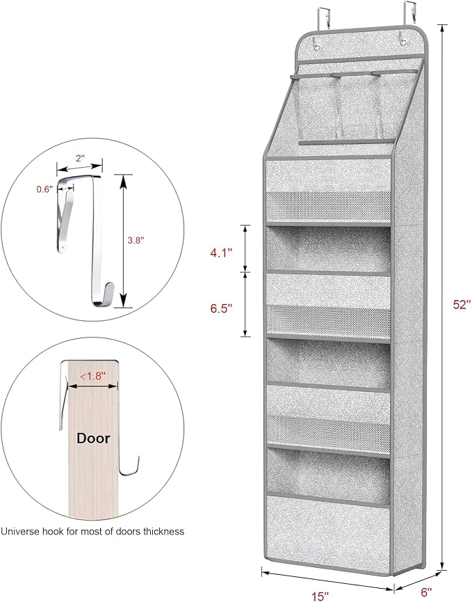 Univivi Over Door Hanging Organizer for Baby Nursery, Grey Pattern, 5-Shelf | Door Storage with Large Capacity Breathable Mesh Pockets, Fabric Over Door Organizer for Baby Essential, Bedroom and Dorm