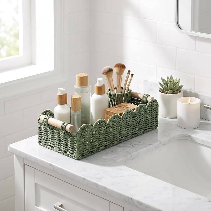 CubesLand Scalloped Toilet Paper Storage Basket W/Handle for Home Decor | Paper Rope Toilet Organizer Basket for Countertop, Over Toilet Shelf, End Table, Living Room Cozy Decorative & More, Green