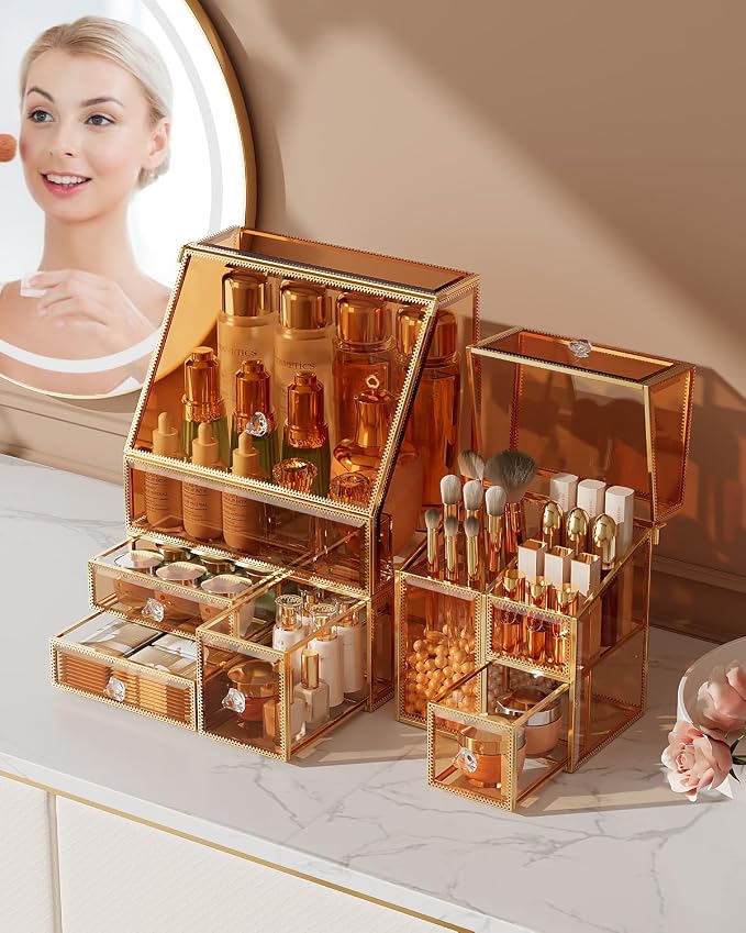 CoralHouse Glass Makeup Organizer with Brush Holder for Vanity | Amber Skincare Organizer for Vanity, Stackable, Large Capacity, for Makeup Lipstick Perfumes Brush Skincare