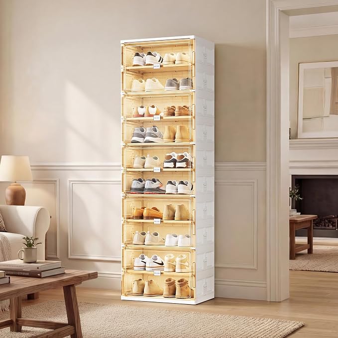 JEKO&JEKO 10 Tiers Foldable Shoe Rack Organizer Cabinet for Closet Entryway, Large Collapsible Shoe Storage Box with Magnetic Doors (White)