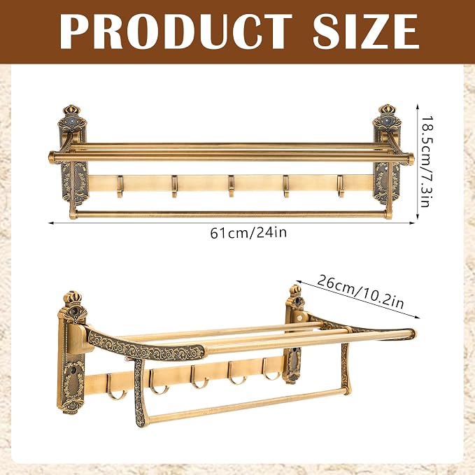 Brass Foldable Towel Rack with Hooks, Foldable Wall Mounted Bathroom Shelf Towel Bars Antique Gold Aluminum Rail Holder for Bathroom, Entryway, and Kitchen(2-Tier European Style,24")