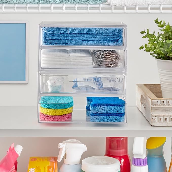 STORi Stackable Desk Drawer Organizer, Clear Pen Pencil Makeup Brush Holder for Desktops and Vanities, 4 Wide Drawers (Made in USA)