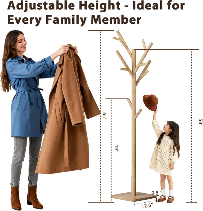 Solid Wood Coat Rack - Freestanding Coat Hat Rack Stand with 14 Hooks, Clothes Rack Heavy Duty Space Saving Entryway Coat Tree Hanger Rack for Coats Jackets Hats Bags, Adjustable Height (Natural)