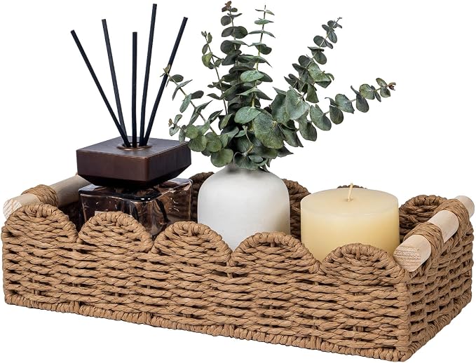 CubesLand Toilet Paper Storage Basket Organizer, Small Wicker Decor Basket | Toilet Tank Top Decorative Basket for Countertop, Handwoven Scalloped Basket W/Handle for Home Decor Living Room, Neutral