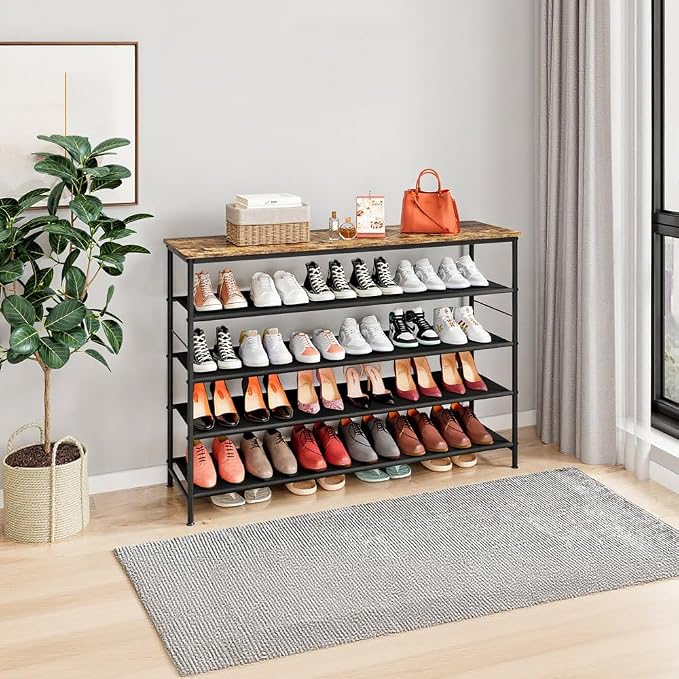 INGIORDAR 4 Tier Long Shoe Rack Storage Organizer Shelf for Closet Entryway | Spacious design,Large-Capacity stores 24 Pairs of Shoes for Closet,Entryway,Bedroom,Living Room,Garage,Black+Rustic Brown