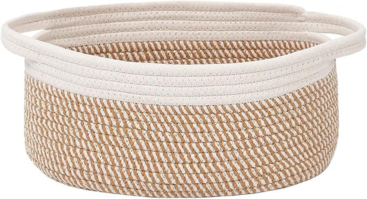 JMvicyroam Small Woven Basket, Empty Gift Basket, White&Brown Block/1 Pack | Small Gift Basket, Cotton Rope, 12 x 8 x 84 in, Handles, Includes Ribbon and Bag, Birthday Gift Basket