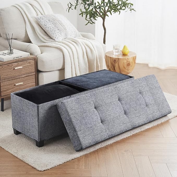 Ornavo Home 43" Large Storage Ottoman Bench with Legs, Gray | Foot Rest Stool; Ottoman with Hidden Storage; Ideal for Bedroom, Living Room, Entryway or Home Office