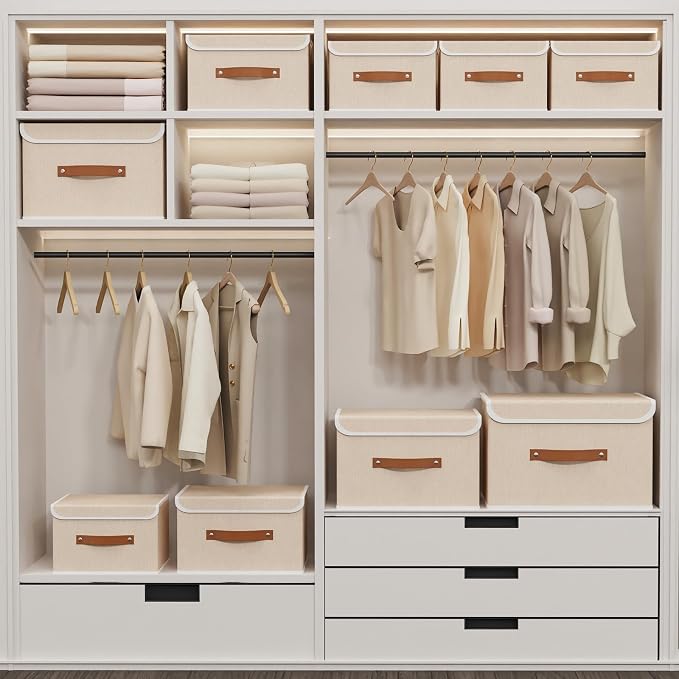Yawinhe Collapsible Storage Boxes,Beige,10.2x7.9x6.7in,1-Pack | Fabric Storage bin with Lids, Washable Cube Organizer Basket; Container with Leather Handle,Closet Organizer for Home